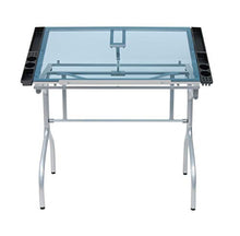 Load image into Gallery viewer, Studio Designs Folding Modern Glass Top Adjustable Drafting Table Craft Table Drawing Desk Hobby Table Writing Desk Studio Desk, 35.25" W x 23.75" D, Silver / Blue Glass