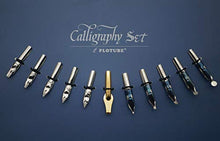 Load image into Gallery viewer, Plotube Calligraphy Pen Set – Includes Wooden Dip Pen, Antique Brass Holder, 11 Nibs, 7 Ink Bottle and Beginner's Manual (7 colors)