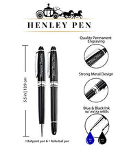 Load image into Gallery viewer, Personalized Pens Gift Set - 2 Pack of Metal Pens w/gift box - Luxury Rollerball & Ballpoint Pens | Blue and Black Ink Refills Included | Custom Engraved w/Name or Message (Black w/Silver Trim)
