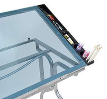 Load image into Gallery viewer, Studio Designs Folding Modern Glass Top Adjustable Drafting Table Craft Table Drawing Desk Hobby Table Writing Desk Studio Desk, 35.25" W x 23.75" D, Silver / Blue Glass