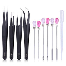 Load image into Gallery viewer, 13 Pieces Silicone Resin Mold Tool Set Nail Art Stirring Rod Muddler Poke Needle Spoon Kit Anti-Static Stainless Steel Tweezers Kit with 3 Droppers for Jewelry Making DIY Resin Craft