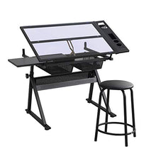 Load image into Gallery viewer, Glass Drafting Table, Height Adjustable Drawing Desk with Stool, Tiltable Desk Art Table, Tempered Glass Top Painting Desk, Writing Table with 2 Drawers, Stationery Storage for Artist Adults Kids