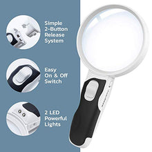 Load image into Gallery viewer, iMagniphy Magnifying Glass with 2 Lens & Powerful LED Light - 5X & 10X Handheld Magnifying Glass Light Set for Seniors with Macular Degeneration, Reading, Soldering, Inspection, Coins & Jewelry