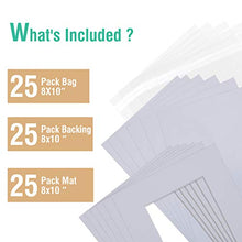 Load image into Gallery viewer, Acid Free 25 Pack 8x10 Pre-Cut Mat Board Show Kit for 5x7 Photos, Prints or Artworks, 25 Core Bevel Cut Matts and 25 Backing Boards and 25 Crystal Plastic Bags, White