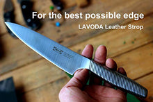Load image into Gallery viewer, LAVODA Paddle Strop 3" by 9" Double-sided Leather Strop with Green White Compounds Kit Knife Stropping Block for Woodworking Sharpening Honing Knives Leather Knife Sharpening Polishing