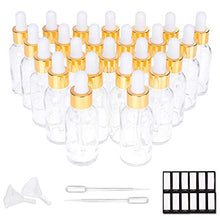 Load image into Gallery viewer, PrettyCare Eye Dropper Bottle 1 oz (24 Pack Clear Glass Bottles 30ml with Golden Caps, 2 Extra Measured Pipettes, 48 Labels, 2 Funnels ) Empty Tincture Bottles for Essential Oils, Perfume
