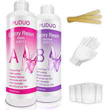 Load image into Gallery viewer, Epoxy-Resin-Crystal-Clear-Kit for Art, Jewelry, Crafts,Coating- 16 OZ Including 8OZ Resin and 8OZ Hardener | Bonus 4 pcs Graduated Cups, 3pcs Sticks, 1 Pair Rubber Gloves by Puduo