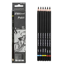 Load image into Gallery viewer, Pacific Arc Premium Charcoal Drawing Pencils for Artists - 6 Pieces Soft Medium and Hard - Charcoal Pencils for Drawing, Sketching and Shading - Great Non Toxic Art Supplies Set for Adults and Kids