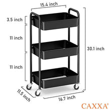 Load image into Gallery viewer, CAXXA 3-Tier Rolling Metal Storage Organizer - Mobile Utility Cart, Kitchen Cart with Caster Wheels (Black)