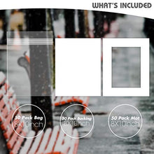 Load image into Gallery viewer, Golden State Art Pack of 50 8x10 White Picture Mats Mattes with White Core Bevel Cut for 5x7 Photo + Backing + Bags