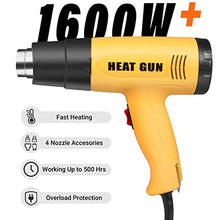 Load image into Gallery viewer, Heat Gun, 1600W Heavy Duty Hot Air Gun Kit, Variable Temperature Control with 2-Temp Settings 4 Nozzles 140℉~1112℉(60℃- 600℃)with Overload Protection for Crafts, Shrinking PVC, Stripping Paint