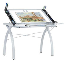 Load image into Gallery viewer, SD Studio Designs 10096 Futura Station with Folding Shelf Top Adjustable Drafting Craft Drawing Hobby Table Writing Studio Desk with Drawer, 35.5'' W x 23.75'' D, White/Clear Glass