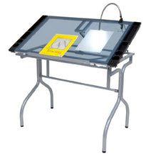 Load image into Gallery viewer, Studio Designs Folding Modern Glass Top Adjustable Drafting Table Craft Table Drawing Desk Hobby Table Writing Desk Studio Desk, 35.25" W x 23.75" D, Silver / Blue Glass