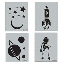 Load image into Gallery viewer, Stencil1, Outer Space Theme Stencils 4-Pack, 8.5 x 11 inches (Astronaut, Rocket Spaceship, Stars and Present Moon, Saturn and 3 Planets) Laser Cut, Mylar Reusable Stencils, DIY Kids Room