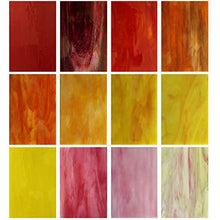 Load image into Gallery viewer, Unicoshape 12 Sheets Stained Glass Sheets Pack, 6" X 4" Cathedral Glass, Art Glass, Mosaic Glass Tiles for Crafts, (Red and Yellow Mixed)