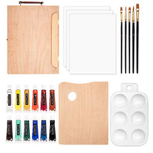 Load image into Gallery viewer, Academy Art Supply Tabletop Easel Set with Easel Box, 12 Acrylic Paint Tubes, 3 Canvas Panels (9" x 12"), 5 Paintbrushes, Wooden Palette, and Plastic Paint Palette (23 Piece Kit)