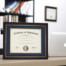 Load image into Gallery viewer, ELSKER&HOME 8.5×11 Document Frame - Matte Reddish Brown Wood Color Frame - Made for Certificates Sized 8.5x11 Inch with Mat and 11x14 Inch Without Mat (Double Mat, Navy with Golden Rim)