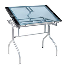 Load image into Gallery viewer, Studio Designs Folding Modern Glass Top Adjustable Drafting Table Craft Table Drawing Desk Hobby Table Writing Desk Studio Desk, 35.25" W x 23.75" D, Silver / Blue Glass