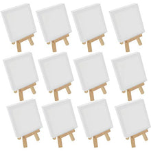 Load image into Gallery viewer, U.S. Art Supply 5" x 5" Stretched Canvas with 8" Mini Natural Wood Display Easel Kit (Pack of 12), Artist Tripod Tabletop Holder Stand - Painting Party, Kids Crafts, Oil Acrylic Paints, Signs, Photos