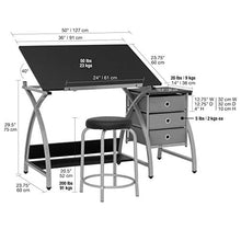 Load image into Gallery viewer, 2 Piece Comet Art, Hobby, Drawing, Drafting, Craft Table with 36"W x 23.75"D Angle Adjustable Top and Stool in Silver/Black, Assembled Dimensions: 50" W x x 29.5" H
