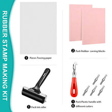 Load image into Gallery viewer, Rubber Stamp Making Kit, Block Printing Starter Tool Kit, Linoleum Cutter with 6 Types Blades, Tracing Paper, 2 Pieces Pink Rubber Carving Block, Brayer Roller for Craft Stamp Carving