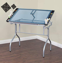 Load image into Gallery viewer, Studio Designs Folding Modern Glass Top Adjustable Drafting Table Craft Table Drawing Desk Hobby Table Writing Desk Studio Desk, 35.25" W x 23.75" D, Silver / Blue Glass