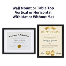 Load image into Gallery viewer, ONE WALL 11x14 Document Frame Displays 8.5x11 Diplomas with Mat or 11x14 Inch Without Mat, Black Certificate Frame Made of Solid Wood and Tempered Glass - Mounting Hardware Included