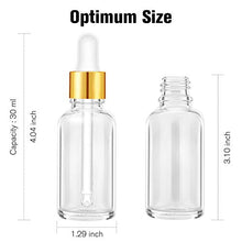 Load image into Gallery viewer, PrettyCare Eye Dropper Bottle 1 oz (24 Pack Clear Glass Bottles 30ml with Golden Caps, 2 Extra Measured Pipettes, 48 Labels, 2 Funnels ) Empty Tincture Bottles for Essential Oils, Perfume