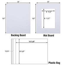 Load image into Gallery viewer, Acid Free 25 Pack 8x10 Pre-Cut Mat Board Show Kit for 5x7 Photos, Prints or Artworks, 25 Core Bevel Cut Matts and 25 Backing Boards and 25 Crystal Plastic Bags, White