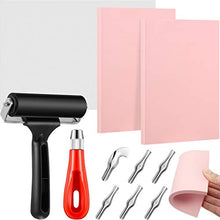 Load image into Gallery viewer, Rubber Stamp Making Kit, Block Printing Starter Tool Kit, Linoleum Cutter with 6 Types Blades, Tracing Paper, 2 Pieces Pink Rubber Carving Block, Brayer Roller for Craft Stamp Carving