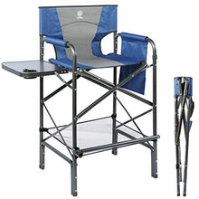Load image into Gallery viewer, EVER ADVANCED Tall Directors Chair Foldable Makeup Artist Chair Bar Height with Side Table Cup Holder and Storage Bag Footrest, Supports 350LBS (Blue/Grey)
