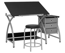 Load image into Gallery viewer, 2 Piece Comet Art, Hobby, Drawing, Drafting, Craft Table with 36"W x 23.75"D Angle Adjustable Top and Stool in Silver/Black, Assembled Dimensions: 50" W x x 29.5" H
