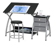 Load image into Gallery viewer, 2 Piece Comet Art, Hobby, Drawing, Drafting, Craft Table with 36"W x 23.75"D Angle Adjustable Top and Stool in Silver/Black, Assembled Dimensions: 50" W x x 29.5" H