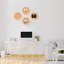 Load image into Gallery viewer, 4 Packs Cork Boards Hexagon Shape with White Framed Bulletin Board Modern Decorative Cork Boards for School, Home,Office(Set Including 40 Push Pins,Hardware and Template)