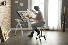Load image into Gallery viewer, SD Studio Designs 10096 Futura Station with Folding Shelf Top Adjustable Drafting Craft Drawing Hobby Table Writing Studio Desk with Drawer, 35.5'' W x 23.75'' D, White/Clear Glass