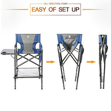 Load image into Gallery viewer, EVER ADVANCED Tall Directors Chair Foldable Makeup Artist Chair Bar Height with Side Table Cup Holder and Storage Bag Footrest, Supports 350LBS (Blue/Grey)