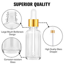 Load image into Gallery viewer, PrettyCare Eye Dropper Bottle 1 oz (24 Pack Clear Glass Bottles 30ml with Golden Caps, 2 Extra Measured Pipettes, 48 Labels, 2 Funnels ) Empty Tincture Bottles for Essential Oils, Perfume