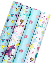 Load image into Gallery viewer, WRAPAHOLIC Birthday Wrapping Paper Roll - Unicorns and Celebration Banners Set for Party, Celebrating, Baby Shower Present Packing - 4 Rolls - 30 inch X 120 inch Per Roll