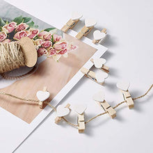 Load image into Gallery viewer, Pandahall 100pcs White Heart Clothespins Wooden Photo Paper Peg Pin Graft Clips with 10.9 Yards Natural Jute Twine for Paper Photo Display Hanging Home Party Decoration