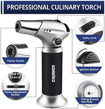 Load image into Gallery viewer, Sondiko Torch Lighter, Kitchen Torch, Refillable Kitchen Butane Blow Torch with Safety Lock and Adjustable Flame for DIY, Creme Brulee, BBQ and Baking, Butane Gas Not Included, Black…