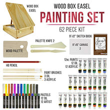 Load image into Gallery viewer, US Art Supply 62-Piece Wood Box Easel Painting Set- Box Easel, Acrylic & Oil Paint Colors, Artist Pastels, Painting Brushes, Wood Palette, Palette Knife, Pencil, Oil Pastels, Canvas Panels, Sketch Pad