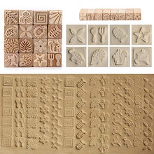 Load image into Gallery viewer, OwnMy Set of 16 Clay Modeling Pattern Stamp Kit Pottery Stamps for Clay, Wooden Clay Pottery Stamps Pottery Tool Wood Block Stamps, Clay Rolling Pin Textured Stamp Press Wooden Pottery Roller Tools