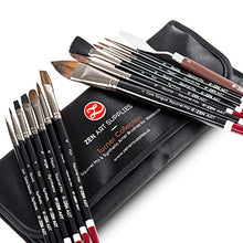 Load image into Gallery viewer, ZenART Professional Watercolor Brush Set – 14 x Birch Wood Squirrel and Synthetic Paint Brushes incl Palette Knife – Flats, Rounds, Filbert, Fan, Rigger, Cats Tongue, & Detailing – Satin Travel Pouch