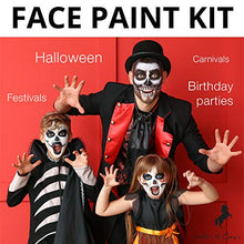 Load image into Gallery viewer, Face Paint Kit for Kids - 20 Water Based, Quick Dry, Non-Toxic Sensitive Skin Paints, 3 Glitters, 2 Temporary Hair chalks Combs, 3 Paint Brushes, 40 Stencils, 2 Tattoos Sheets, Face Painting Book
