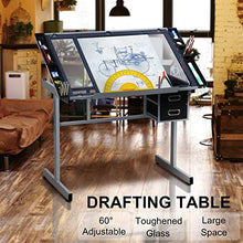 Load image into Gallery viewer, YAHEETECH Adjustable Glass Drafting Table Drawing Desk Art Desk Versatile Art Craft Station Study Table w/ 2 Slide Rolling Wheels and Drawers for Artist Painters Home Office