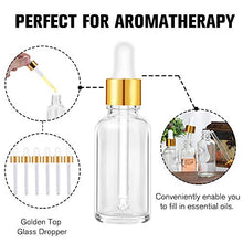 Load image into Gallery viewer, PrettyCare Eye Dropper Bottle 1 oz (24 Pack Clear Glass Bottles 30ml with Golden Caps, 2 Extra Measured Pipettes, 48 Labels, 2 Funnels ) Empty Tincture Bottles for Essential Oils, Perfume