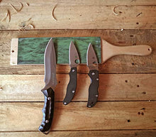 Load image into Gallery viewer, LAVODA Paddle Strop 3" by 9" Double-sided Leather Strop with Green White Compounds Kit Knife Stropping Block for Woodworking Sharpening Honing Knives Leather Knife Sharpening Polishing