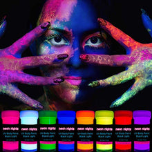 Load image into Gallery viewer, neon nights 8 x UV Body Paint Set | Black Light Glow Makeup Kit | Fluorescent Face Paints for Halloween Blacklight Bodypainting