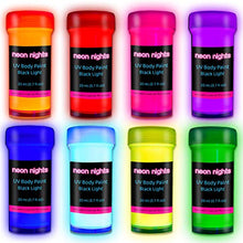 Load image into Gallery viewer, neon nights 8 x UV Body Paint Set | Black Light Glow Makeup Kit | Fluorescent Face Paints for Halloween Blacklight Bodypainting