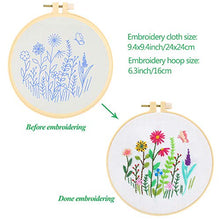 Load image into Gallery viewer, Caydo 3 Sets Embroidery Starter Kit with Pattern and Instructions, Cross Stitch Kit Include 3 Embroidery Clothes with Floral Pattern, 3 Plastic Embroidery Hoops, Color Threads and Tools